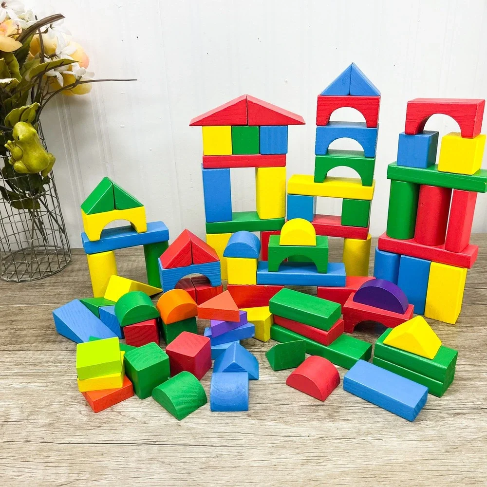 Wooden Building Blocks Farm Set Barn Animals Horse Sheep Goat 80+ Pieces Kids
